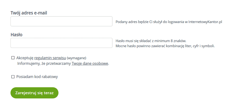 Formularz rejestracji w InternetowyKantor.pl