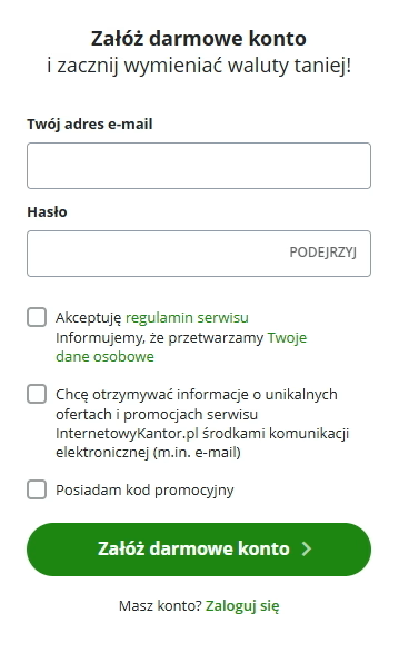 Formularz rejestracji w InternetowyKantor.pl