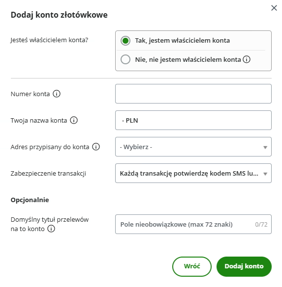 Formularz dodawania konta bankowego